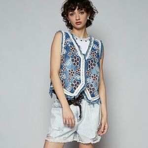 POL Denim Vest with White and Brown Embroidery